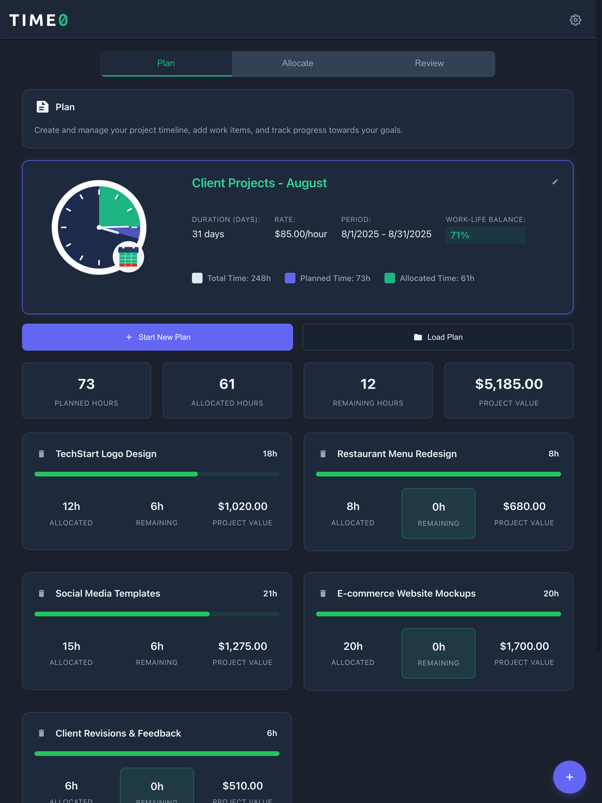 Time0 App Interface - Project Planning View