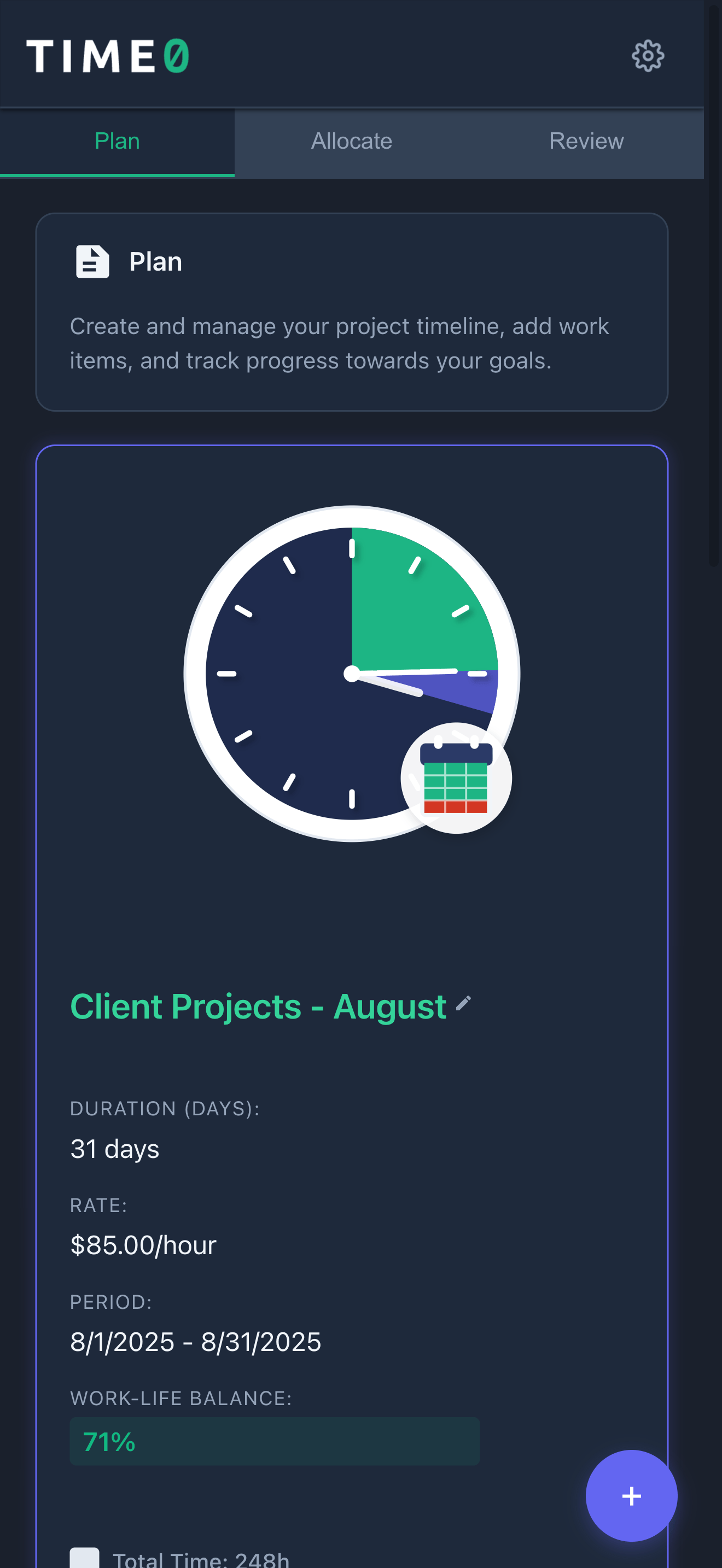 Time0 on iPhone - Dashboard View